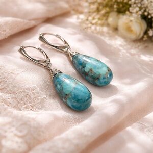 New Handcrafted Teal Turquoise Sterling Silver Earrings, December Birthstone